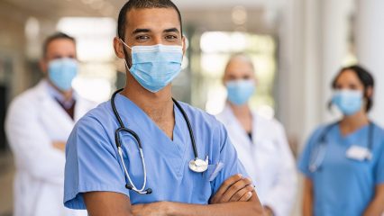 Hospital workers with face masks on